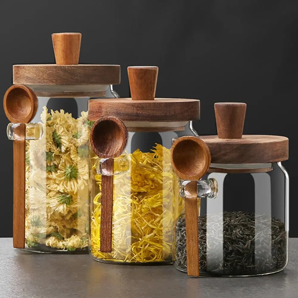 Modern Glass Storage Jars With Wooden Spoon - Small, Medium, Large ...