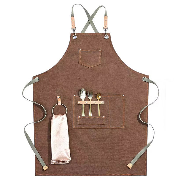 Canvas chefs apron with leather straps, loop, pockets - Grey, Blue, Green, Brown