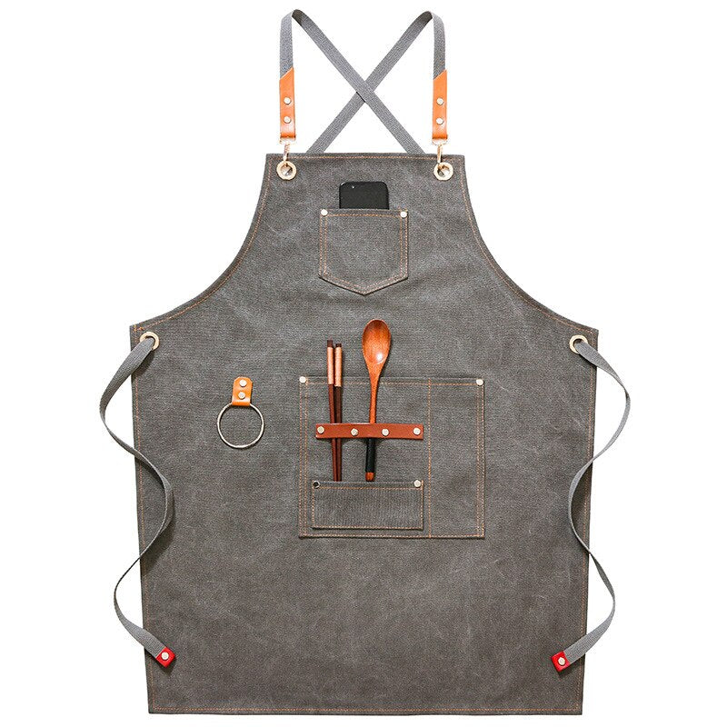Canvas chefs apron with leather straps, loop, pockets - Grey, Blue, Green, Brown