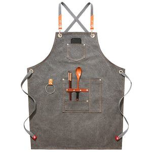 Canvas chefs apron with leather straps, loop, pockets - Grey, Blue, Green, Brown