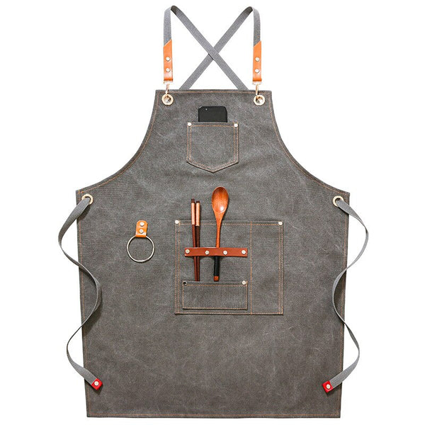 Canvas chefs apron with leather straps, loop, pockets - Grey, Blue, Green, Brown