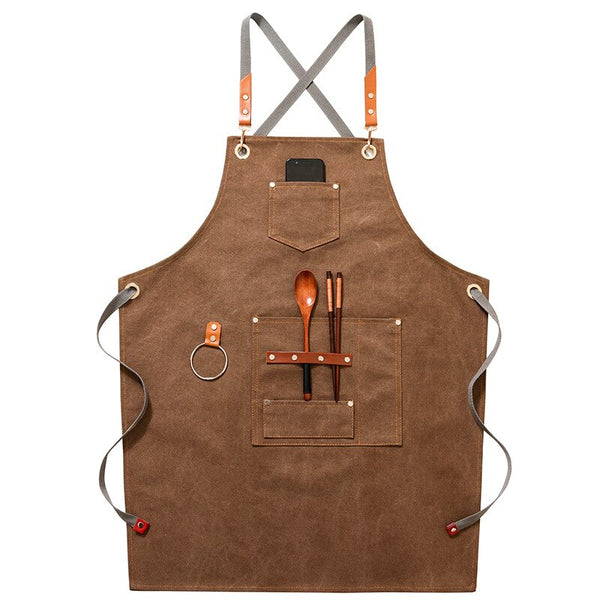 Canvas chefs apron with leather straps, loop, pockets - Grey, Blue, Green, Brown