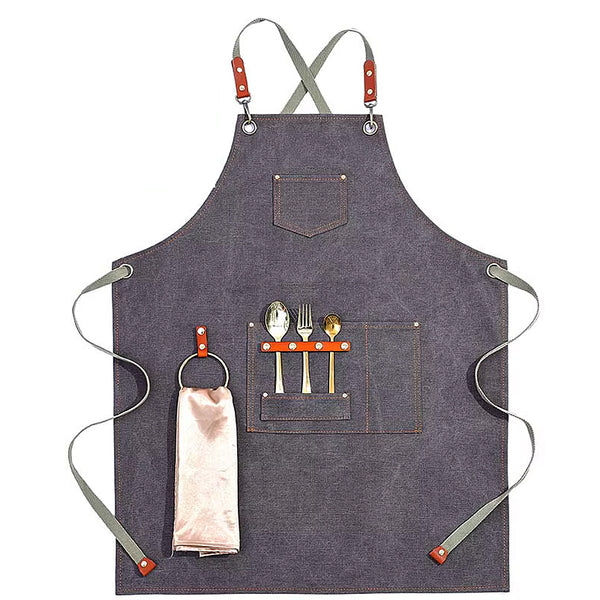 Canvas chefs apron with leather straps, loop, pockets - Grey, Blue, Green, Brown