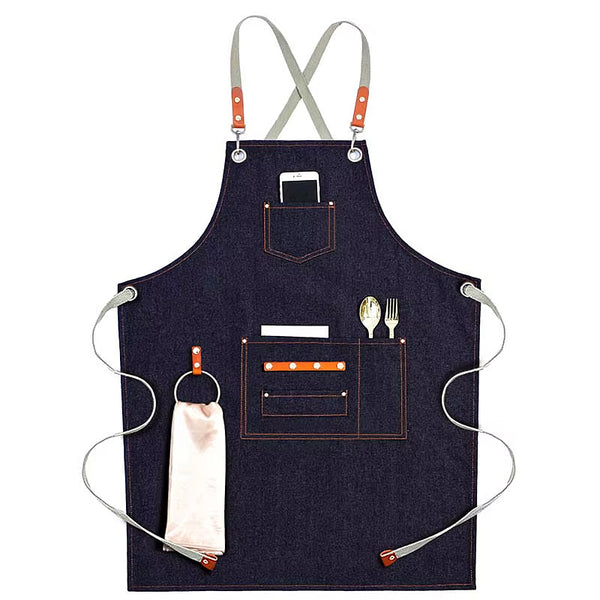 Canvas chefs apron with leather straps, loop, pockets - Grey, Blue, Green, Brown