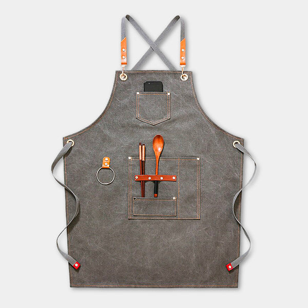 Canvas chefs apron with leather straps, loop, pockets - Grey, Blue, Green, Brown