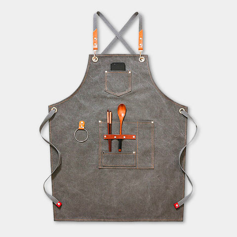 Canvas chefs apron with leather straps, loop, pockets - Grey, Blue, Green, Brown