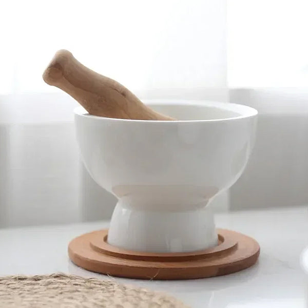 White Ceramic & Wood Pestle & Mortars - Small & Large