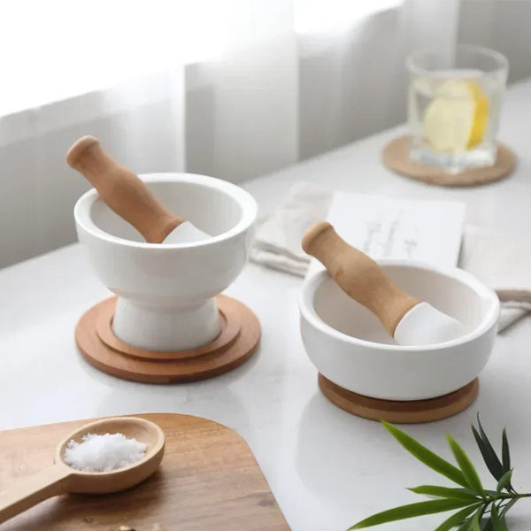 White Ceramic & Wood Pestle & Mortars - Small & Large
