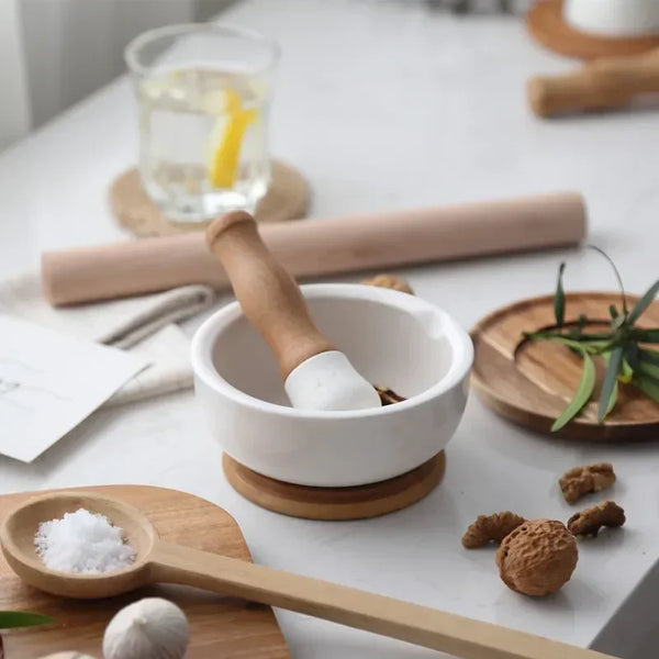 White Ceramic & Wood Pestle & Mortars - Small & Large