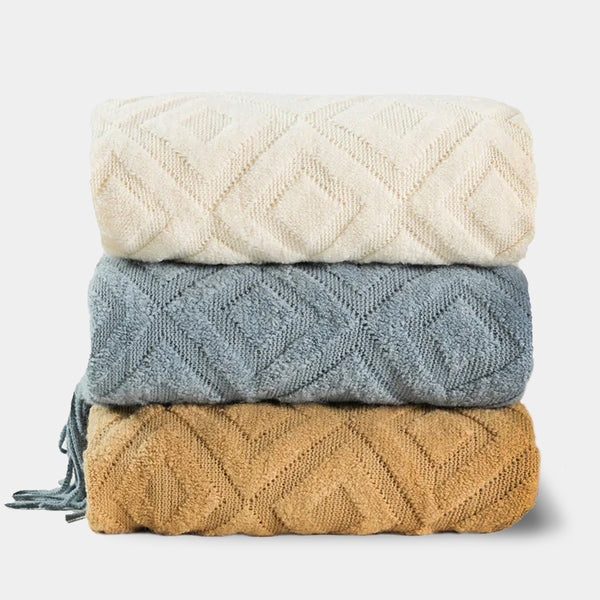 Neutral Colour Diamond Tassel Soft Throws - Grey, Caramel, Beige - Small & Large