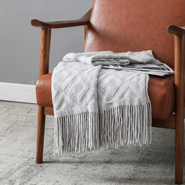 Neutral Colour Diamond Tassel Soft Throws - Grey, Caramel, Beige - Small & Large