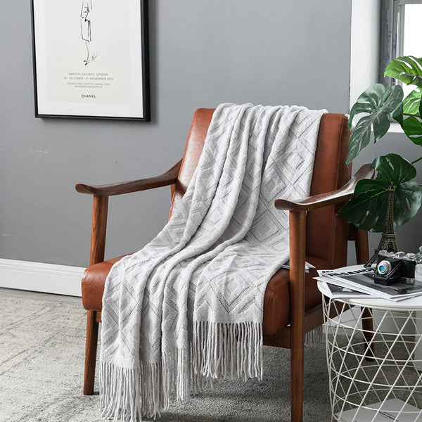 Neutral Colour Diamond Tassel Soft Throws - Grey, Caramel, Beige - Small & Large