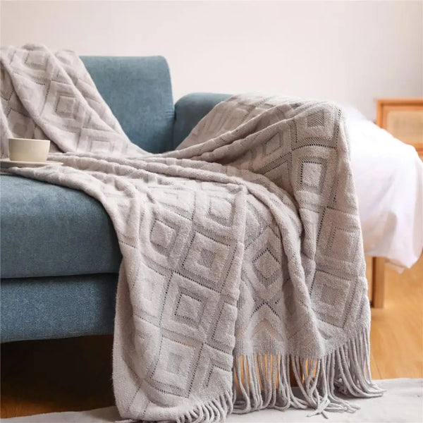 Neutral Colour Diamond Tassel Soft Throws - Grey, Caramel, Beige - Small & Large