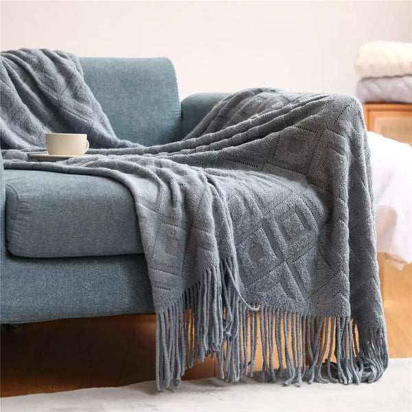 Neutral Colour Diamond Tassel Soft Throws - Grey, Caramel, Beige - Small & Large