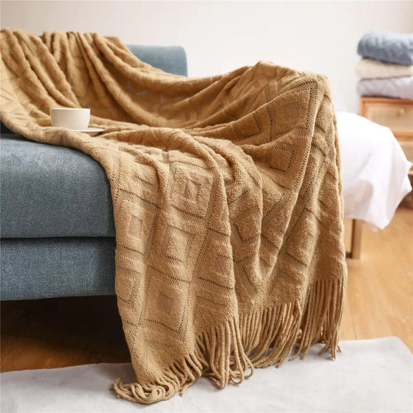 Neutral Colour Diamond Tassel Soft Throws - Grey, Caramel, Beige - Small & Large