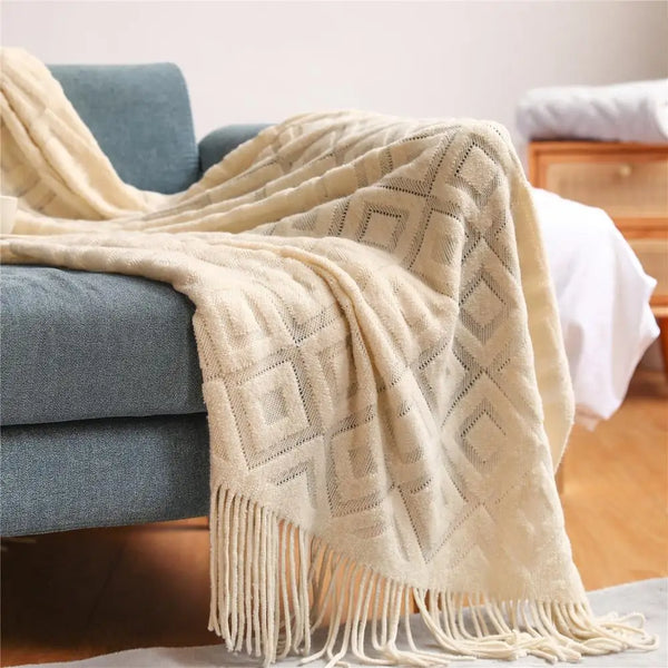 Neutral Colour Diamond Tassel Soft Throws - Grey, Caramel, Beige - Small & Large