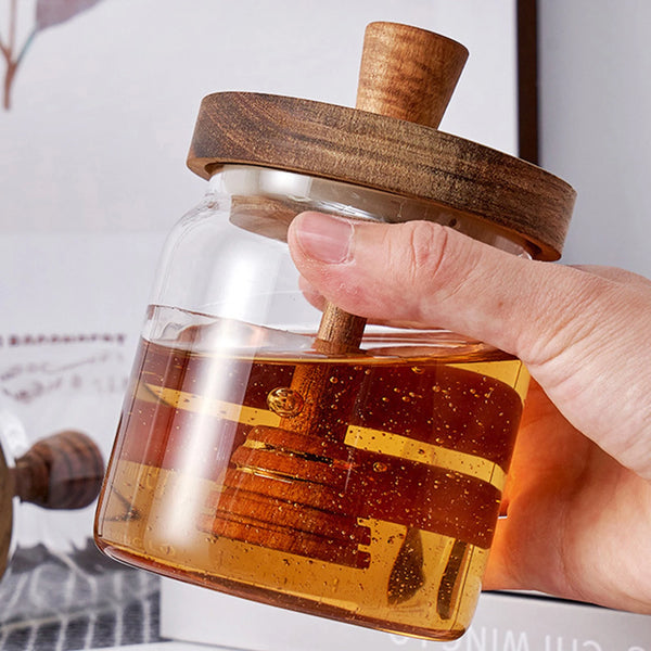 Glass Honey Jar with Wooden Lid and Dipper