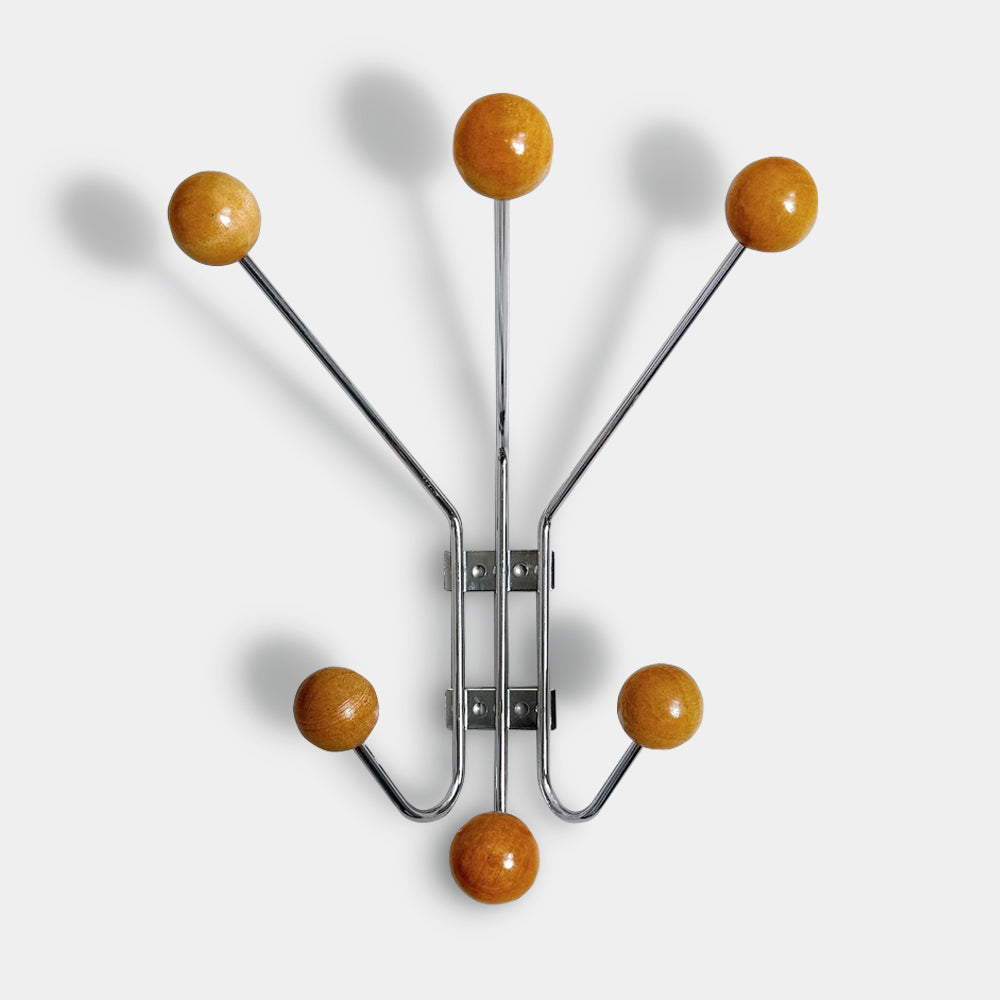 Mid Century Modern Wooden Ball Wall Hook - 6 Arms