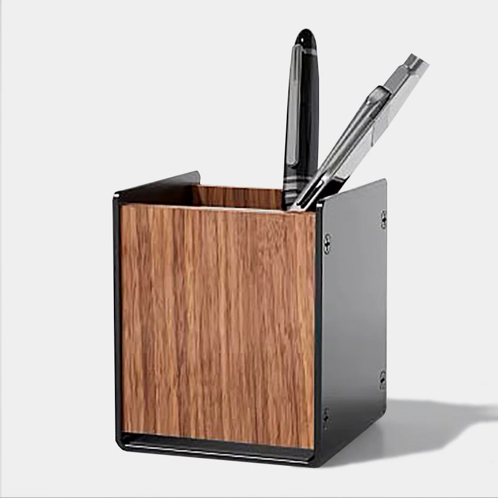Mid Century Wooden Black Metal Pen Holder