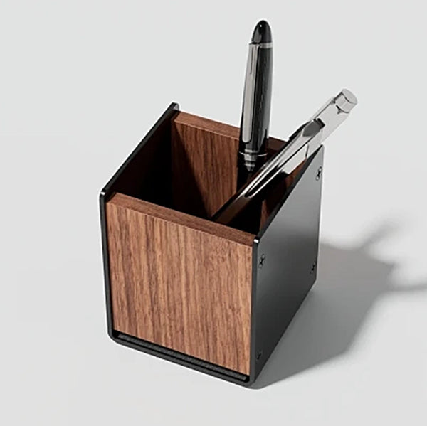 Mid Century Wooden Black Metal Pen Holder