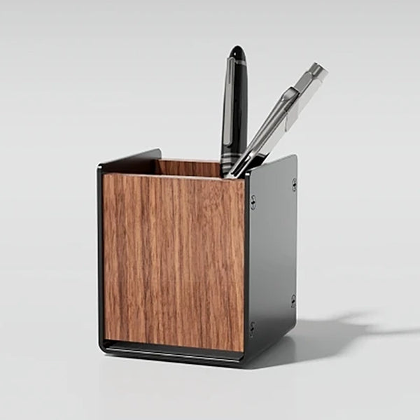 Mid Century Wooden Black Metal Pen Holder