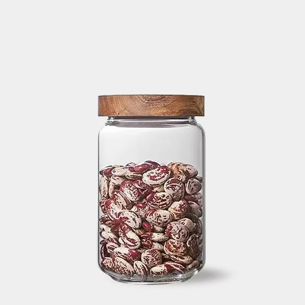 Modern minimalist glass kitchen storage jars with wooden lids - Small, Medium, Large