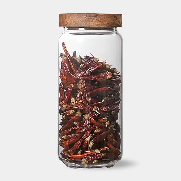Modern minimalist glass kitchen storage jars with wooden lids - Small, Medium, Large