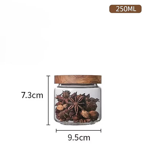 Modern minimalist glass kitchen storage jars with wooden lids - Small, Medium, Large