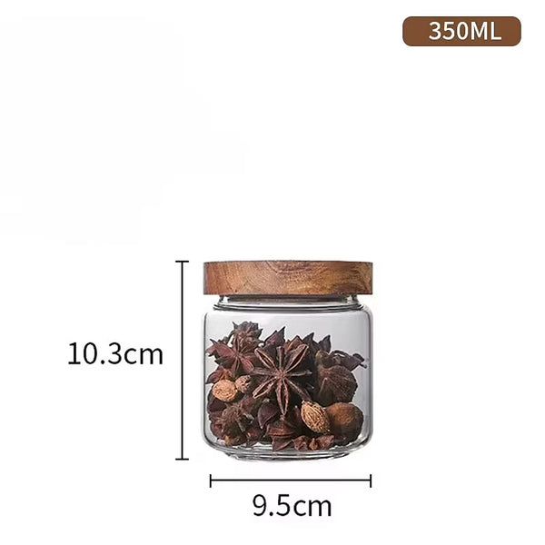 Modern minimalist glass kitchen storage jars with wooden lids - Small, Medium, Large
