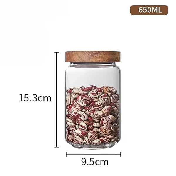 Modern minimalist glass kitchen storage jars with wooden lids - Small, Medium, Large