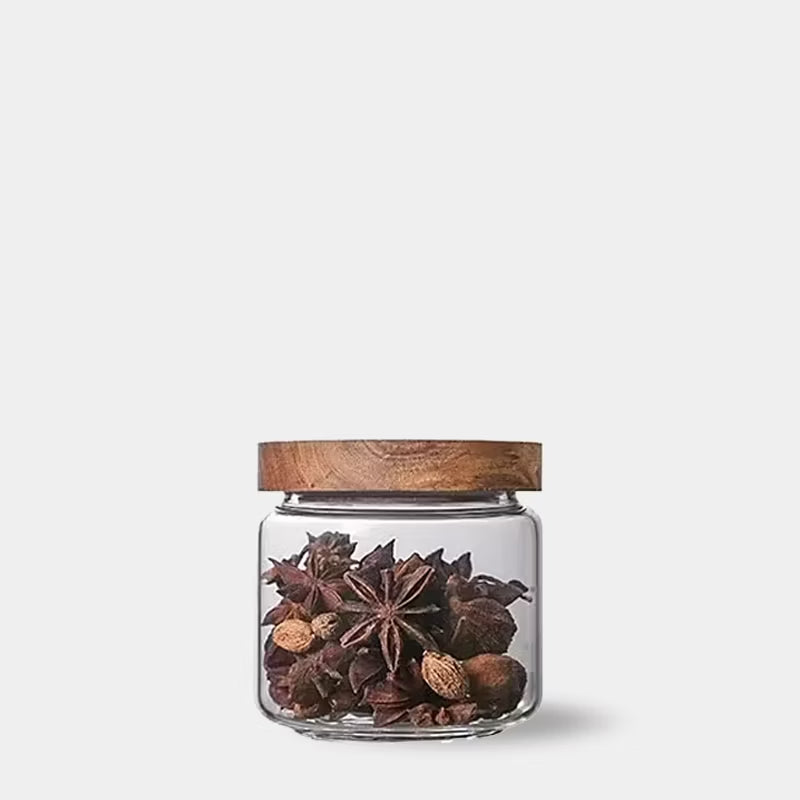 Modern minimalist glass kitchen storage jars with wooden lids - Small, Medium, Large
