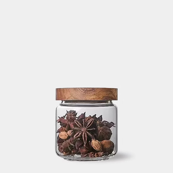Modern minimalist glass kitchen storage jars with wooden lids - Small, Medium, Large