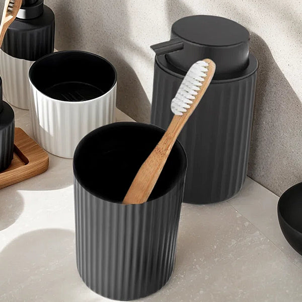 Modern Ribbed Bathroom Accessories Set - Black & White - Tray, Tumbler & Dispenser