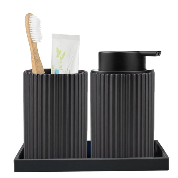 Modern Ribbed Bathroom Accessories Set - Black & White - Tray, Tumbler & Dispenser