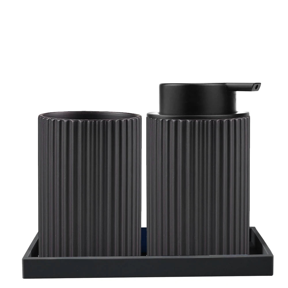 Modern Ribbed Bathroom Accessories Set - Black & White - Tray, Tumbler & Dispenser