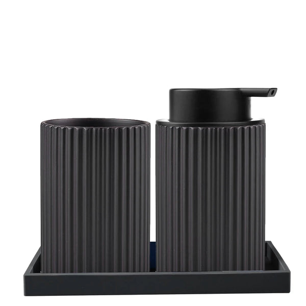 Modern Ribbed Bathroom Accessories Set - Black & White - Tray, Tumbler & Dispenser