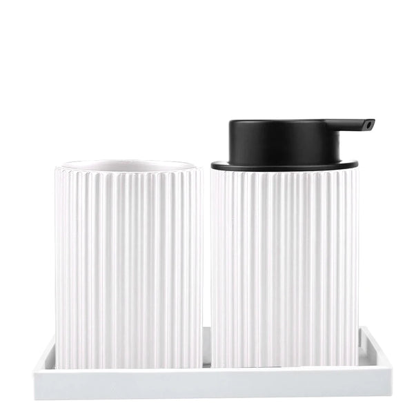 Modern Ribbed Bathroom Accessories Set - Black & White - Tray, Tumbler & Dispenser