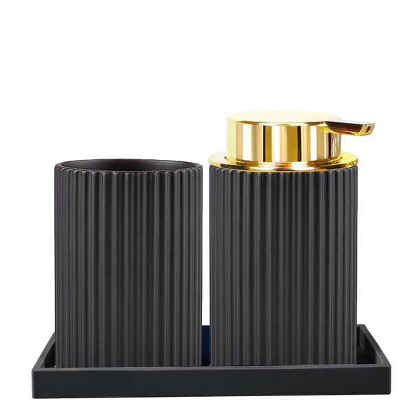 Modern Ribbed Bathroom Accessories Set - Black & White - Tray, Tumbler & Dispenser