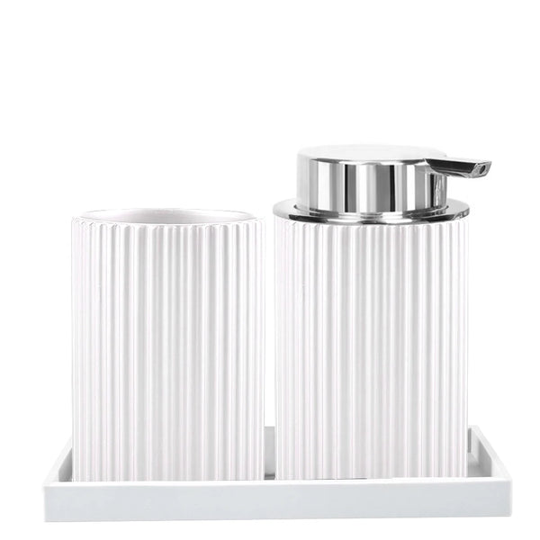 Modern Ribbed Bathroom Accessories Set - Black & White - Tray, Tumbler & Dispenser