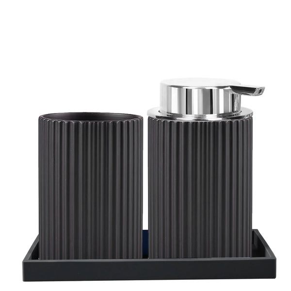 Modern Ribbed Bathroom Accessories Set - Black & White - Tray, Tumbler & Dispenser