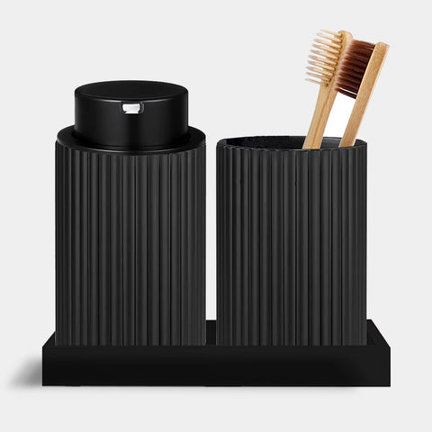 Modern Ribbed Bathroom Accessories Set - Black & White - Tray, Tumbler & Dispenser