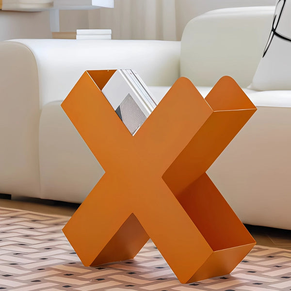 Modern X Shaped Metal Magazine Rack & Book Storage - Orange, Black, Red & Beige