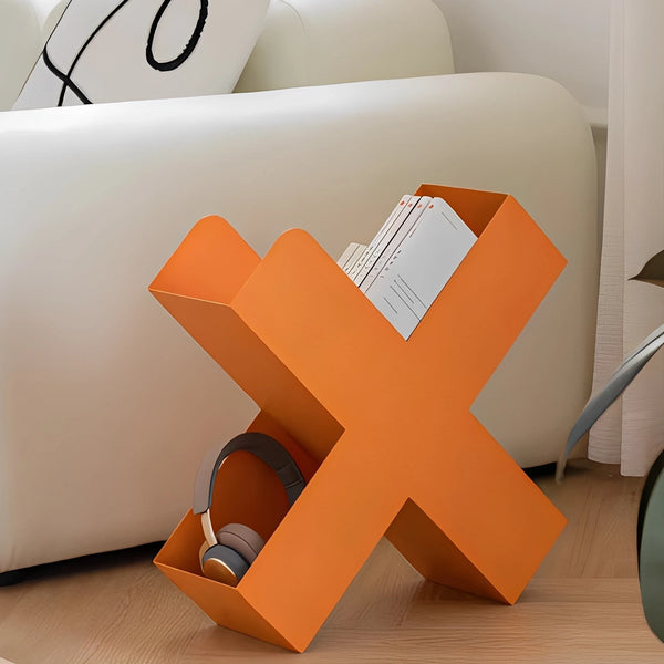 Modern X Shaped Metal Magazine Rack & Book Storage - Orange, Black, Red & Beige
