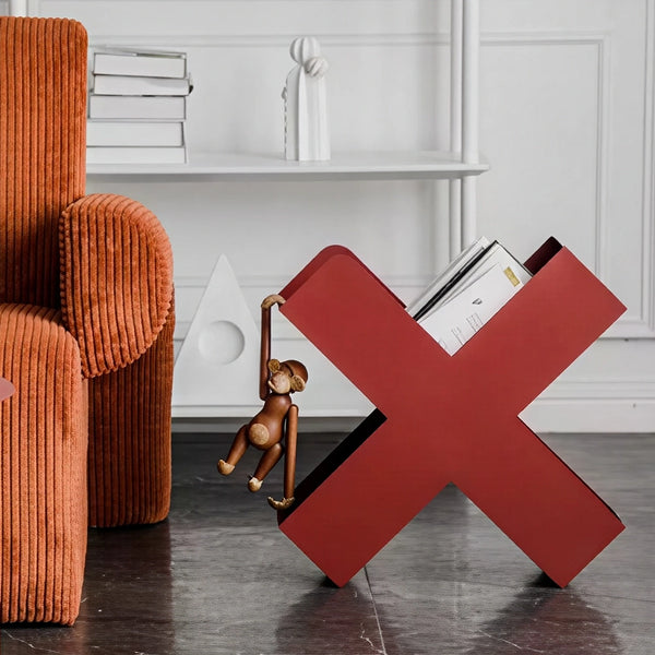Modern X Shaped Metal Magazine Rack & Book Storage - Orange, Black, Red & Beige