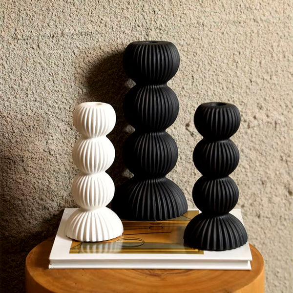 Matte Ceramic Ribbed Candle Holders - Black & White - Small & Large