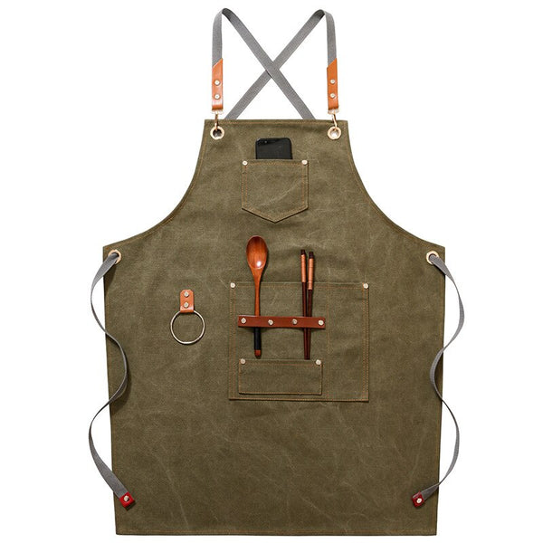 Canvas chefs apron with leather straps, loop, pockets - Grey, Blue, Green, Brown