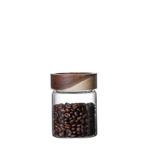 Modern minimalist glass kitchen storage jars with wooden lids - Small, Medium, Large