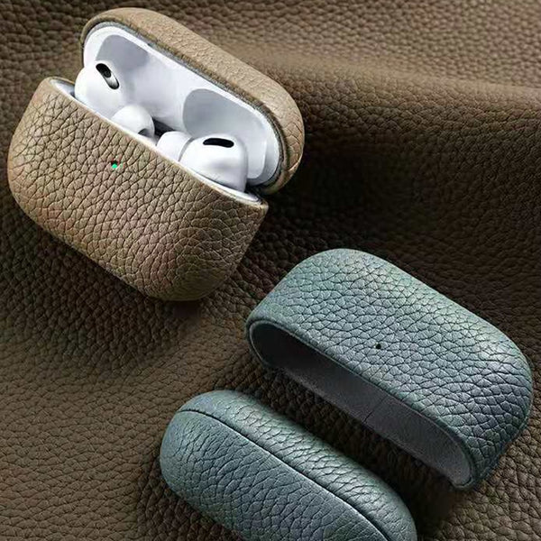 AirPods Pro 2 & AirPods Pro 3 premium grain leather case / cover - blue, pink, orange, black, green, yellow, beige, brown, burgundy
