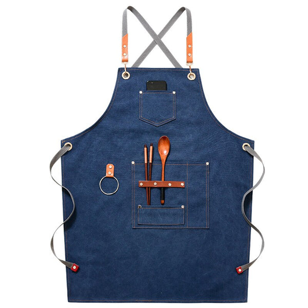 Canvas chefs apron with leather straps, loop, pockets - Grey, Blue, Green, Brown