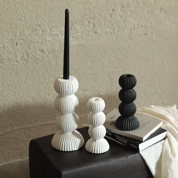 Matte Ceramic Ribbed Candle Holders - Black & White - Small & Large